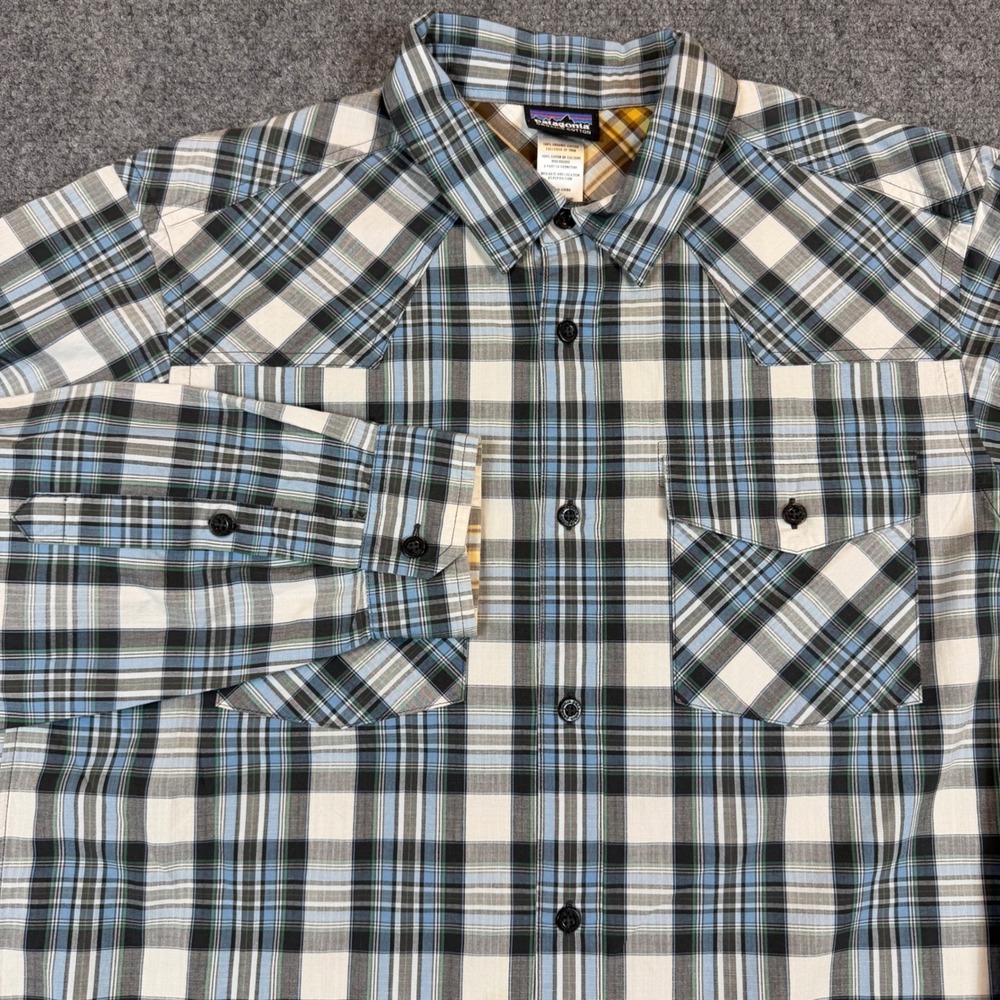 Patagonia Mens Medium Organic Cotton Plaid Western Button Down Shirt Blue White